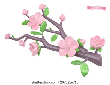 Spring flowers. Cherry blossom tree branch. 3d render realistic vector icon