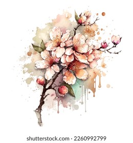 Spring flowers: cherry blossoms and falling petals background-watercolor illustration