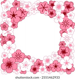 Spring flowers circle round frame of cherry blossoms in square. Graphic vector illustration. 