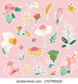Spring flowers clip art. Set of flowers on isolated pink background, botanical flat illustrations. Easter Clipart. More floral 