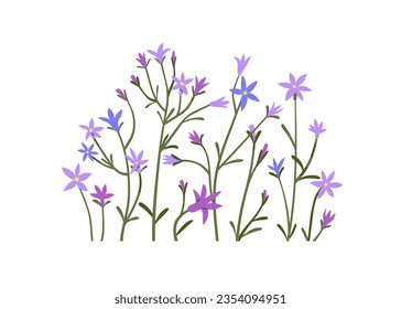 Flores de primavera, decoración floral. Flores de flores, flores silvestres, flores florecientes, tallos. Delicadas plantas de campo y pradera. Ilustración vectorial gráfica plana aislada en fondo blanco