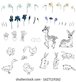Spring flowers. Collection of animals. Vector illustration.