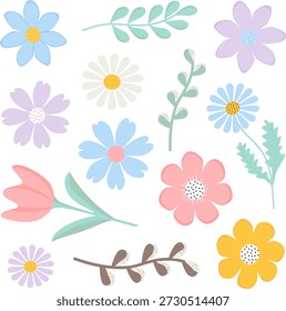Coleção de flores da primavera com ramos de margarida, tulipa e salgueiro. Conjunto floral de vetor plano desenhado à mão isolado no fundo branco para decoração de jardim e Páscoa