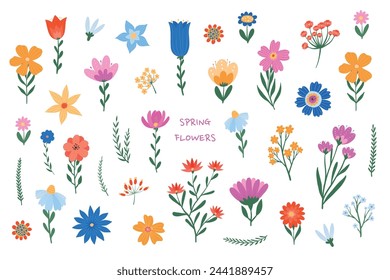 Spring flowers collection. Set of 38 spring floral elements isolated on white background for stickers, prints, cards, posters decor. EPS 10