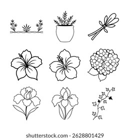 Paquete de arte de línea de Vector de Colección de flores de primavera