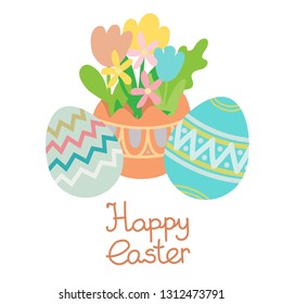 Spring flowers in colored eggs. Flat vector