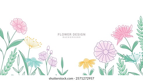 Spring flowers colorful clipart background design. Flower drawing, sketch and watercolor style for wallpaper, invitation and greetings card clip art banner. Vector illustration spring floral abstract 