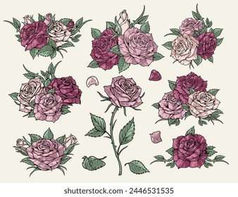 Spring flowers colorful set emblems with beautiful roses with individual buds or whole flower on stem vector illustration