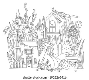 Spring flowers Coloring pages. Cozy watering can and birdhouses in spring flowers - daffodils, tulips, hyacinths.. Line art design for adult or kids colouring book in doodle style.