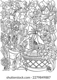 Spring flowers coloring pages. Easter basket, eggs, birdhouse, snail and birds in spring flowers - daffodils, tulips, hyacinths, snowdrops. Line art for adult or kids colouring book in doodle style.