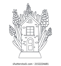 Spring flowers Coloring pages. Vector linear illustration for coloring. Coloring page with cute house in flowers.