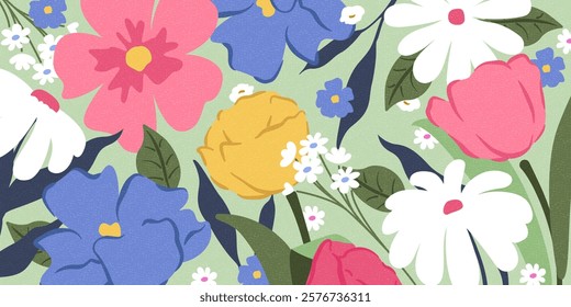 Spring flowers composition. Bright colorful botanical background, pattern.  Tulips, field flowers.
