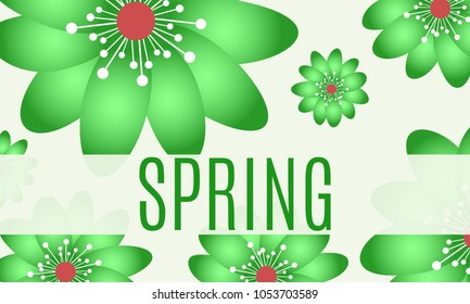 Spring Flowers Composition in Vintage Style. Beautiful Template with Vector Daisy. Background with Green Spring Flowers and Text for Card, Invitation, Brochure, Banner, Creative Design. Flowering.