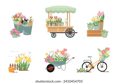 Las composiciones florales primaverales están aisladas en blanco. Carrito de flores, carretilla de jardín, ciclista con ramos. Las ilustraciones vectoriales son adecuadas para tarjetas de felicitación, pegatinas, estampados y cubiertas de ropa.