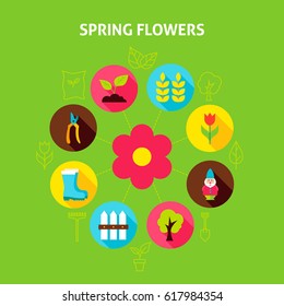 Spring Flowers Concept. Vector Illustration of Nature Garden Infographics Circle with Flat Icons.