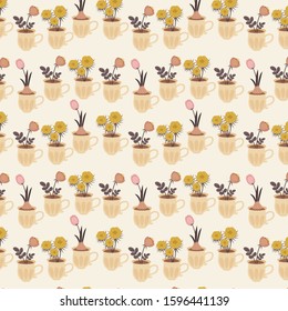 Spring flowers in cups. Spring seamless vector pattern