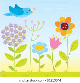 spring flowers with cute bird