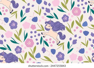 Flores de primavera y lindo unicornio sin patrón de diseño, ilustraciones para niños para estampados de tela, Fondos de pantalla, camisetas.