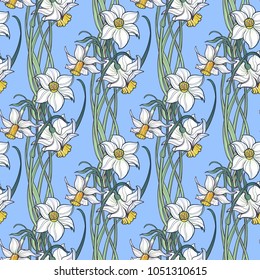 Spring flowers. Daffodil flowers interlaced into an intricate ornament on a light blue background. Art Nouveau style drawing. Seamless pattern with regular distribution of elements.