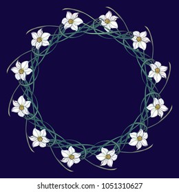 Spring flowers. Daffodil flowers interlaced into an intricate circular ornament on a dark blue background. Art Nouveau style drawing. Mandala tattoo design. EPS10 vector illustration