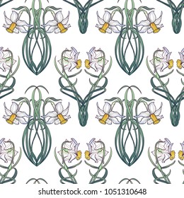 Spring flowers. Daffodil flowers interlaced into an intricate ornament on a white background. Art Nouveau style drawing. Seamless pattern with regular distribution of elements. EPS10 vector