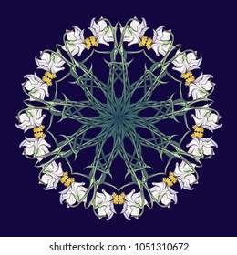 Spring flowers. Daffodil flowers interlaced into an intricate circular ornament on a dark blue background. Art Nouveau style drawing. Mandala tattoo design. EPS10 vector illustration