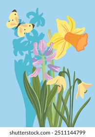 spring flowers, daffodil, snowdrop and hyacinth, vector drawing wild flowering plants and butterfly at blue sky background, floral composition, hand drawn botanical illustration