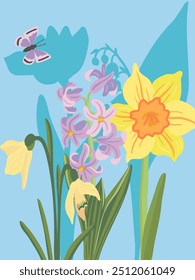 spring flowers, daffodil, snowdrop and hyacinth, vector drawing wild flowering plants and butterfly at blue sky background, floral composition, hand drawn botanical illustration