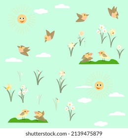 Frühlingsblumen und Vogelmuster auf dem Hintergrund