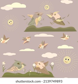 spring flowers daffodils and birds pattern no background