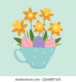 Spring flowers daffodils in a cup with Easter eggs.Easter card. Happy easter. Cute spring illustration.