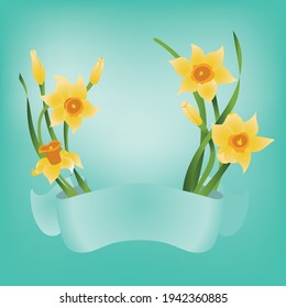 Spring flowers daffodils frame with banner for lettering