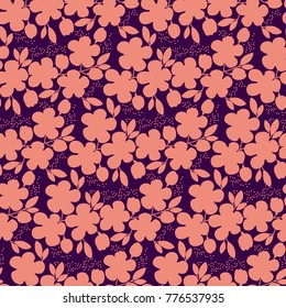 Spring flowers decorative branch for surface design. Abstract sakura blossom vector illustration. Floral seamless pattern in simple silhouette violet and pale rose colors. 
