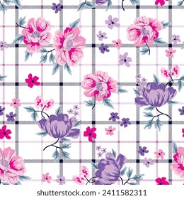 Spring flowers decorative colorful pattern on plaid background