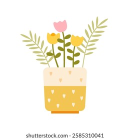 Spring Flowers in Decorative Pot. Cute Summer Floral. Aesthetic Flat Illustration