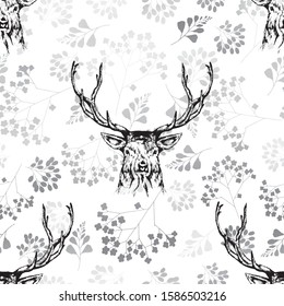 Spring flowers and deer sketch seamless pattern gray scale