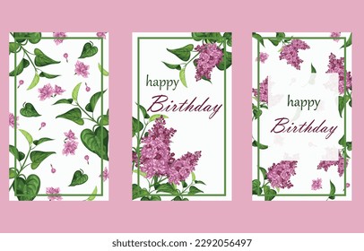 Flores de primavera. Delicada rama aromática de lila púrpura.postal o simulación de invitación. Ilustración vectorial.