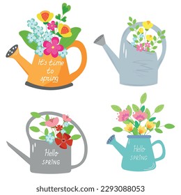 Spring flowers in different watering cans. Spring mood. Set of vector illustration. Springtime concepts. 