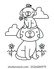 Spring flowers dog vector line drawing illustration