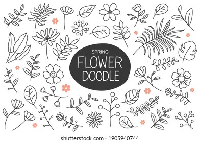 Spring flowers doodle in hand drawn style. Floral and leaves elements collection.