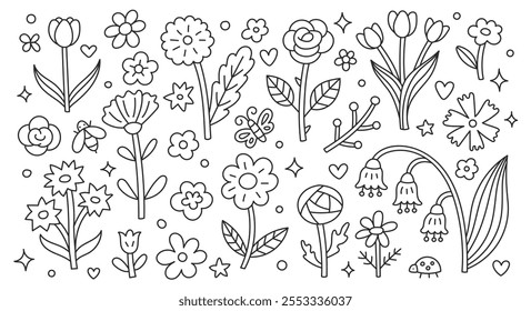 Spring flowers doodle illustration of chamomile, rose, tulip, ranunculus, cornflower, butterfly, ladybug. Hand drawn cute modern line art about garden plants. Black and white drawing for coloring