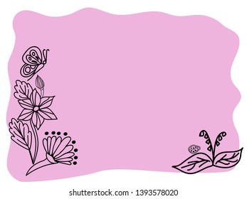 Spring flowers are drawn by hand. Lilac background with flowers and butterflies for invitations, greetings, cards