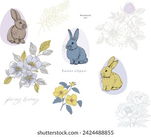 Spring flowers and Easter bunnies clipart, sketched hand drawn texture, abstract art, artistic, vector botanical illustration