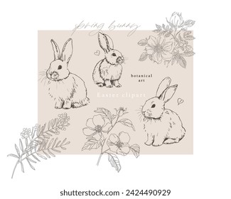 Spring flowers and Easter bunnies clipart, sketched hand drawn texture, abstract art, artistic, vector botanical illustration