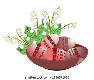 Flores de primavera y huevos de Pascua en un bol. Ilustración vectorial para el diseño de tarjetas de felicitación