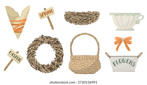 Spring flowers, Easter eggs and wooden signs vector illustration set, botanical bouquets and garden elements isolated for holiday celebration design.