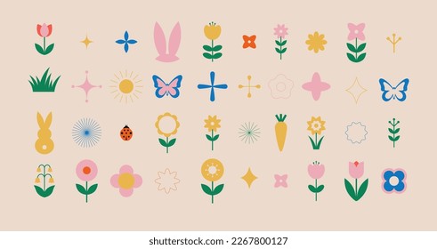 Spring flowers. Spring and Easter elemets collection. Retro vintage geometric style. Vector