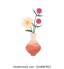 Spring flowers elegant summer bouquet in scandinavian ceramic vase, blooming buds and green leaves in jug, scandinavian pottery