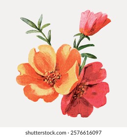 Spring flowers element. Red and orange color floral plant. Vintage red botanical flower art drawing illustration, old painting art print of red flower. Spring botanical concept.
