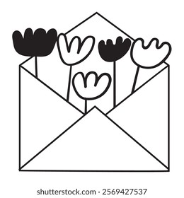 Spring flowers in an envelope. isolated outline icon. Hand drawn design. Illustration.